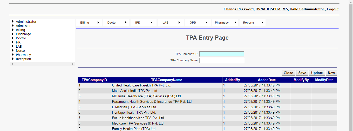 DVNA Hospital Management Software TPA Entry Page